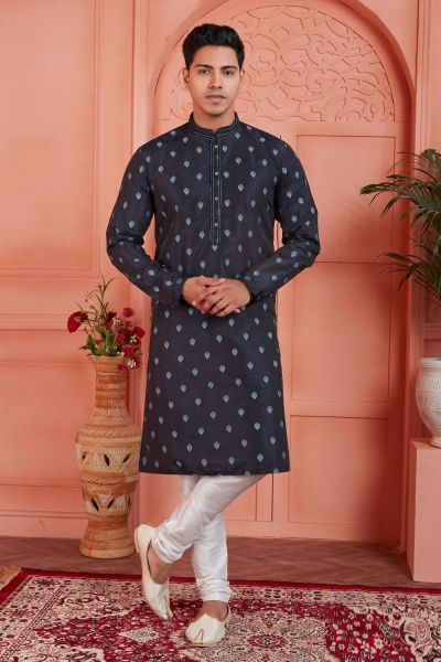 Grey Jaquard Silk Brocade Mens Kurta (NMK-7766)