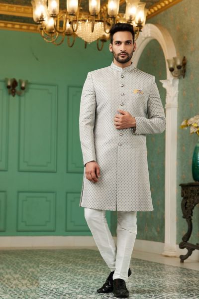 Grey Jaquard Silk Indo Western (NMK-7148)