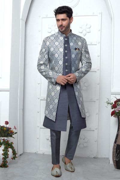 Grey Jaquard Silk Indo Western (NMK-7175)