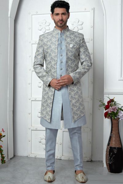 Grey Jaquard Silk Mens Indo Western (NMK-7179)