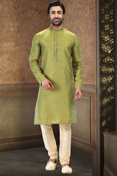 Jaquard Art Silk Green Mens Kurta Pajama (NMK-6624)