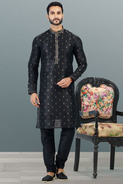 Jaquard Banarasi Silk Black Mens Kurta Pajama (NMK-6644)