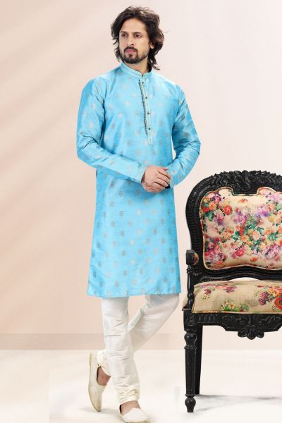 Jaquard Banarasi Silk Blue Kurta for Men (NMK-6629)