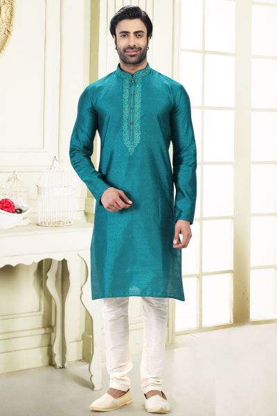 Jaquard Banarasi Silk Blue Kurta Pajama for Men (NMK-6609)