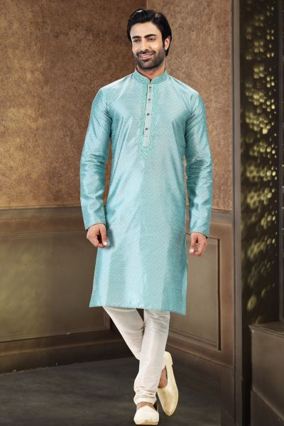 Jaquard Banarasi Silk Blue Kurta Pajama (NMK-6616)