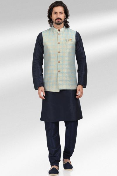 Jaquard Banarasi Silk Blue Nehru Jacket (NMK-6481)