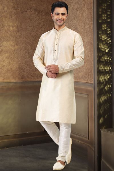 Jaquard Banarasi Silk Cream Kurtas for Men (NMK-6615)