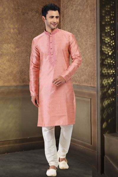 Jaquard Banarasi Silk Dark Peach Kurta Pajama (NMK-6608)