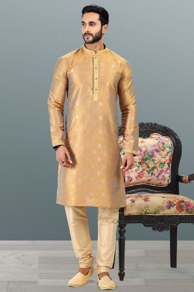 Jaquard Banarasi Silk Gold Mens Kurta Pajama (NMK-6632)