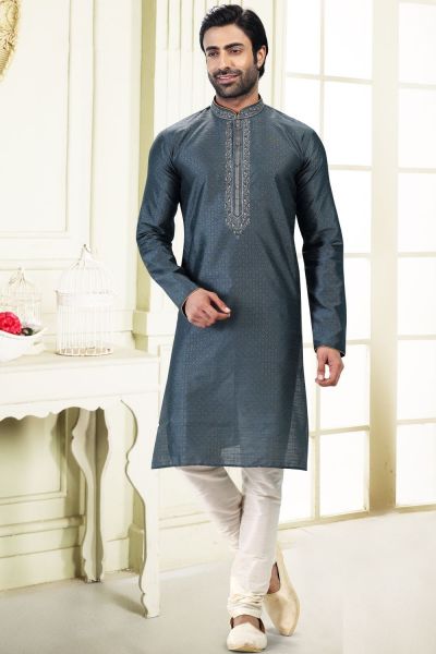 Jaquard Banarasi Silk Grey Mens Kurta Pajama (NMK-6617)