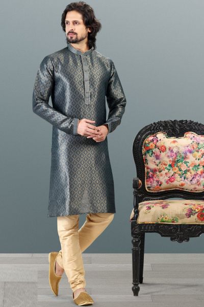 Jaquard Banarasi Silk Greyish Blue Kurta Pajama (NMK-6636)