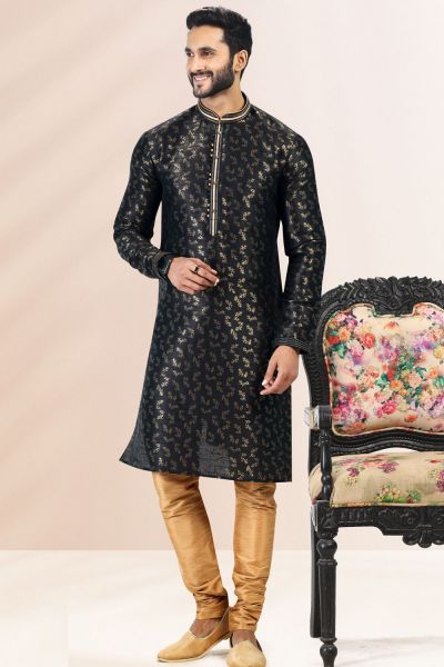 Jaquard Banarasi Silk Kurta in Black (NMK-6635)