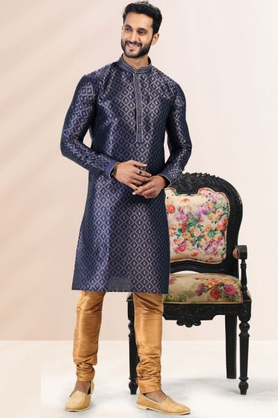 Jaquard Banarasi Silk Mens Kurta Pajama in Blue (NMK-6637)