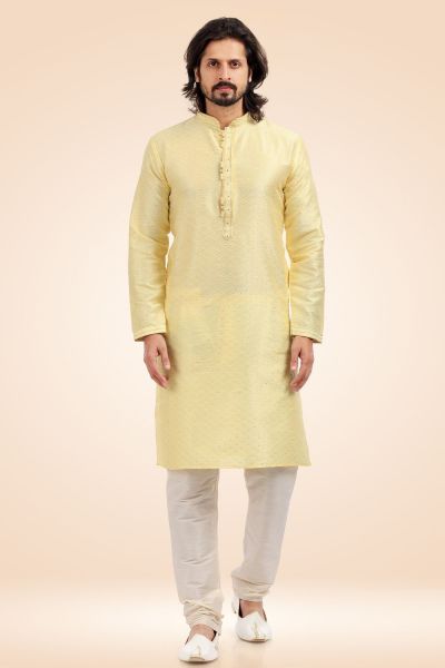 Jaquard Banarasi Silk Mens Kurta Pajama in Lemon (NMK-6444)