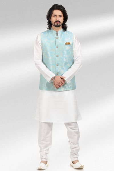 Jaquard Banarasi Silk Mens Nehru Jacket in Blue (NMK-6477)