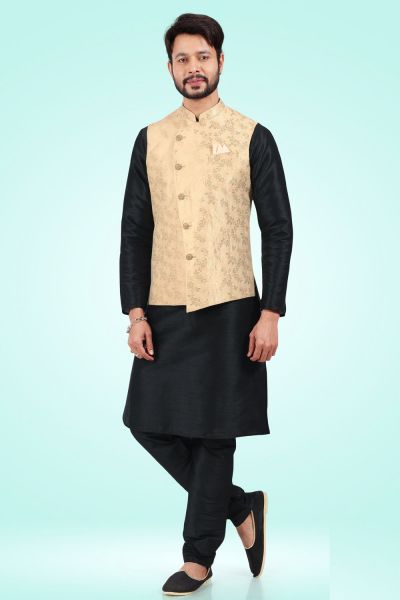 Jaquard Banarasi Silk Mens Nehru Jacket in Gold (NMK-6486)