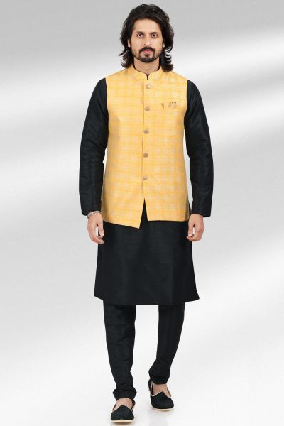 Jaquard Banarasi Silk Mens Nehru Jacket in Yellow (NMK-6483)