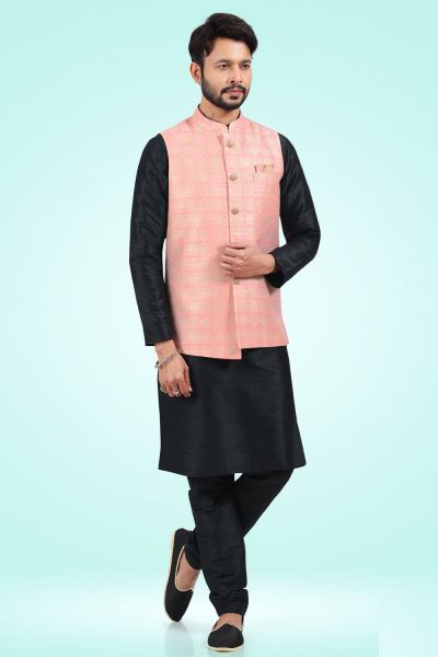 Jaquard Banarasi Silk Nehru Jacket in Pink (NMK-6482)