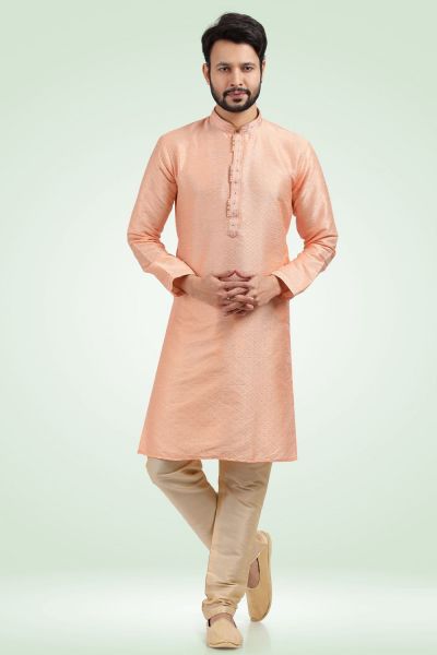 Jaquard Banarasi Silk Peach Mens Kurta Pajama (NMK-6445)