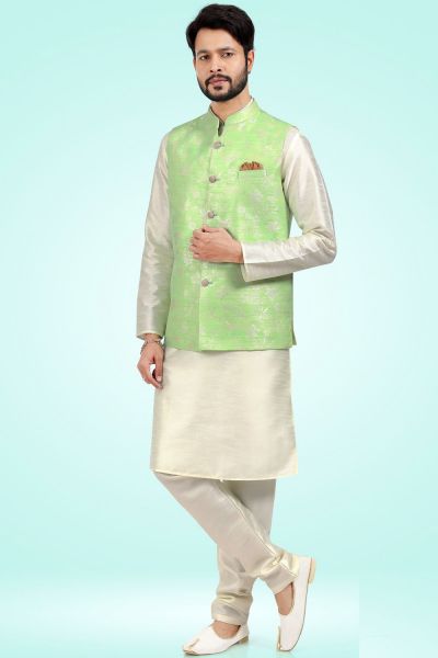 Jaquard Banarasi Silk Pista Green Nehru Jacket (NMK-6478)