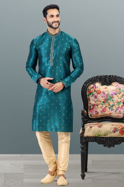 Jaquard Banarasi Silk Teal Green Kurta Pajama (NMK-6640)