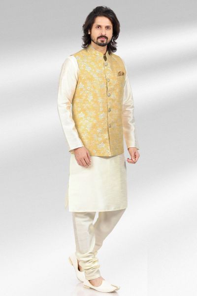 Jaquard Banarasi Silk Yellow Nehru Jacket for Mens (NMK-6479)