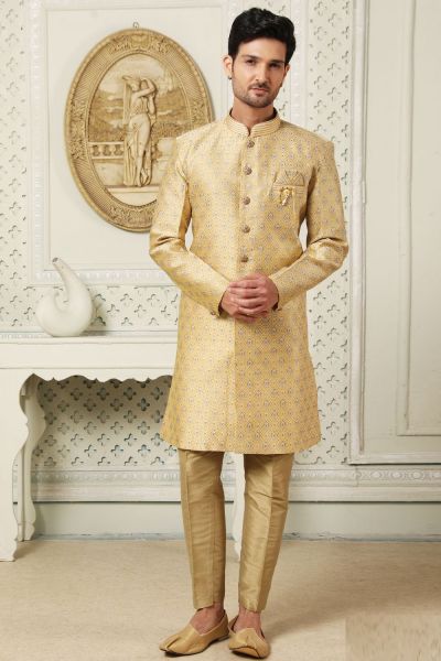 Jaquard Semi Silk Brocade Yellow Indo Western for Men (NMK-6535)