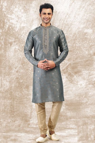 Jaquard Silk Brocade Grey Kurta Pajama (NMK-6595)