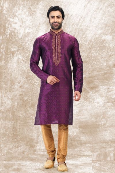 Jaquard Silk Brocade Kurta Pajama in Magenta (NMK-6601)