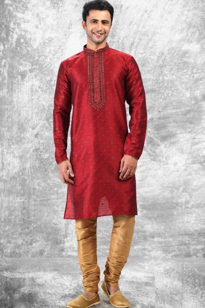 Jaquard Silk Brocade Maroon Kurta Pajama (NMK-6594)