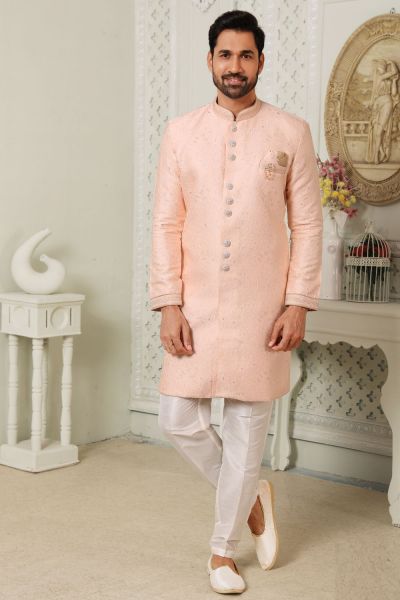 Jaquard Silk Brocade Mens Indo Western in Peach (NMK-6527)