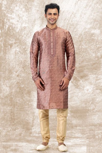 Jaquard Silk Brocade Onion Pink Kurta Pajama (NMK-6591)