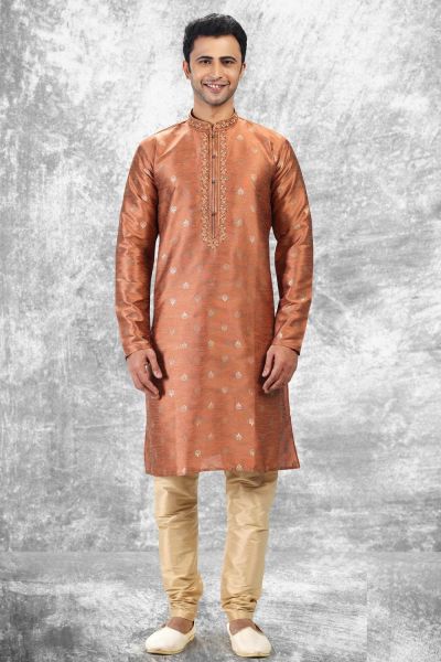 Jaquard Silk Brocade Rust Kurta Pajama (NMK-6596)