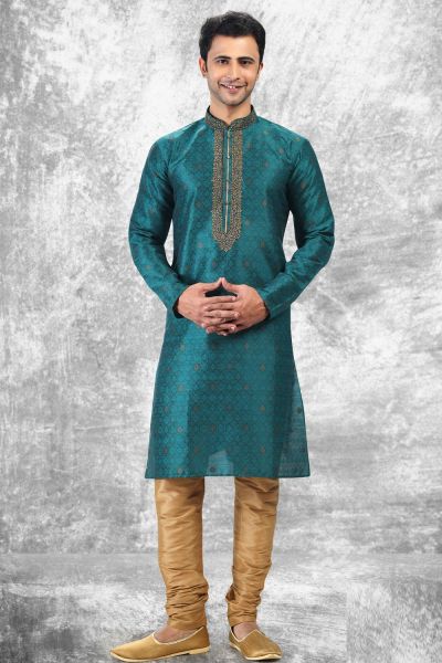 Jaquard Silk Brocade Teal Blue Mens Kurta Pajama (NMK-6600)