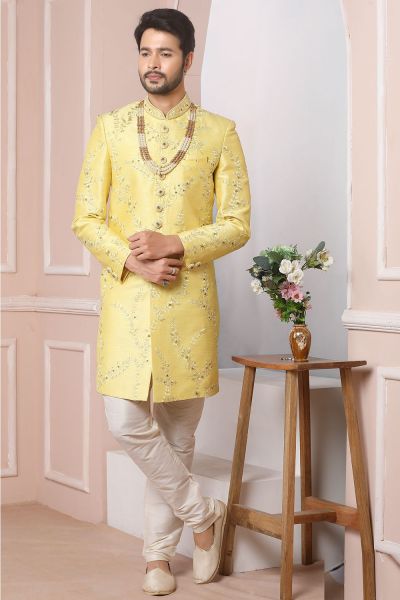 Lemon Art Banarasi Silk Sherwani for Men (NMK-5958)