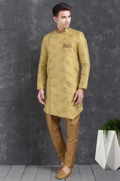 Lemon Yellow Jaquard Silk Brocade Indo Western Kurta (NMK-5009)