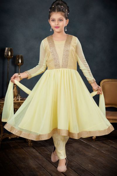 Lemon Yellow Net Girls Salwar Kameez (NFG-278)