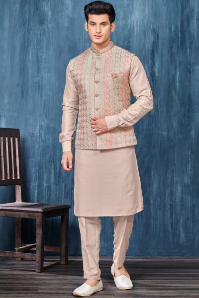 Light Beige Art Banarasi Silk Nehru Jacket (NMK-7379)