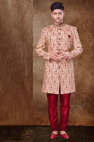 Light Beige Art Silk Grooms Sherwani (NMK-6773)