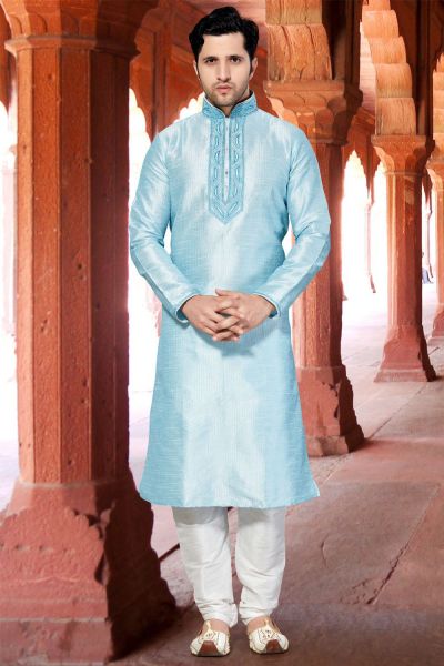 Light Blue Art Dupion Kurta Pajama (NMK-2951)