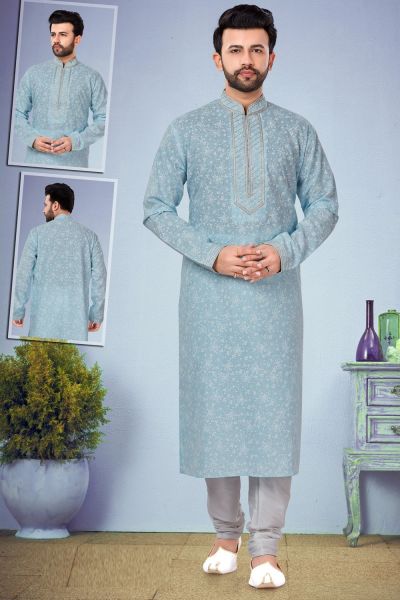 Light Blue Printed Cotton Silk Mens Kurta (NMK-4854)