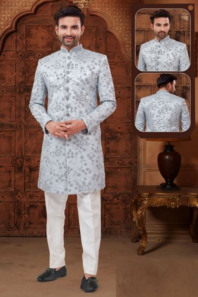 Light Bluish Grey Silk Mens Sherwani (NMK-5906)