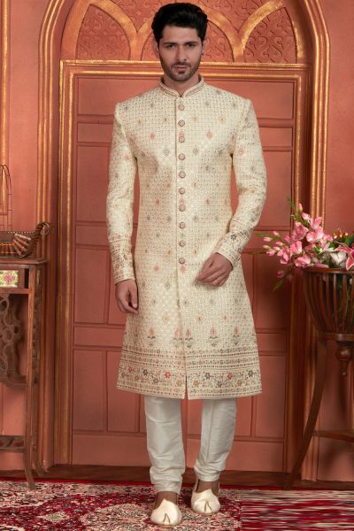 Light Gold Art Silk Sherwani (NMK-7896)