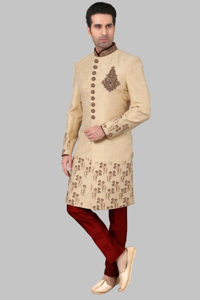 Light Gold Banarasi Brocade Sherwani (NMK-5244)