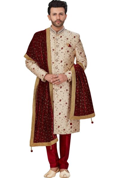 Light Gold Banarasi Jaquard Sherwani (NMK-4950)