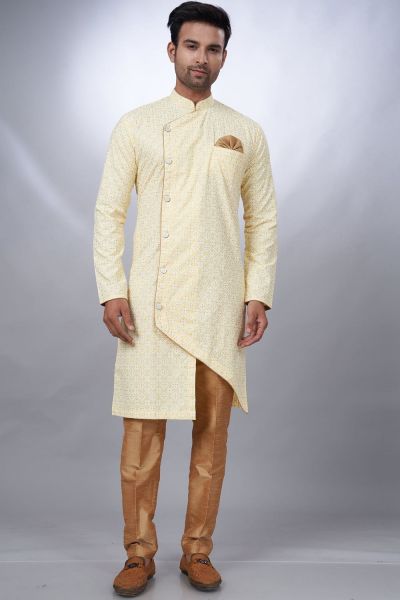 Light Gold Cotton Printed Mens Indo Western (NMK-6930)