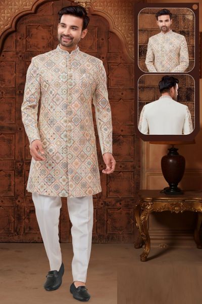 Light Gold Lucknowi Sherwani (NMK-5908)