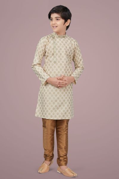 Light Gold Printed Cotton Silk Boys Kurta (NKK-704)