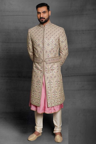 Light Gold Silk Sherwani (NMK-5402 )