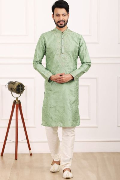 Light Green Art Banarasi Silk Mens Kurta (NMK-7013)